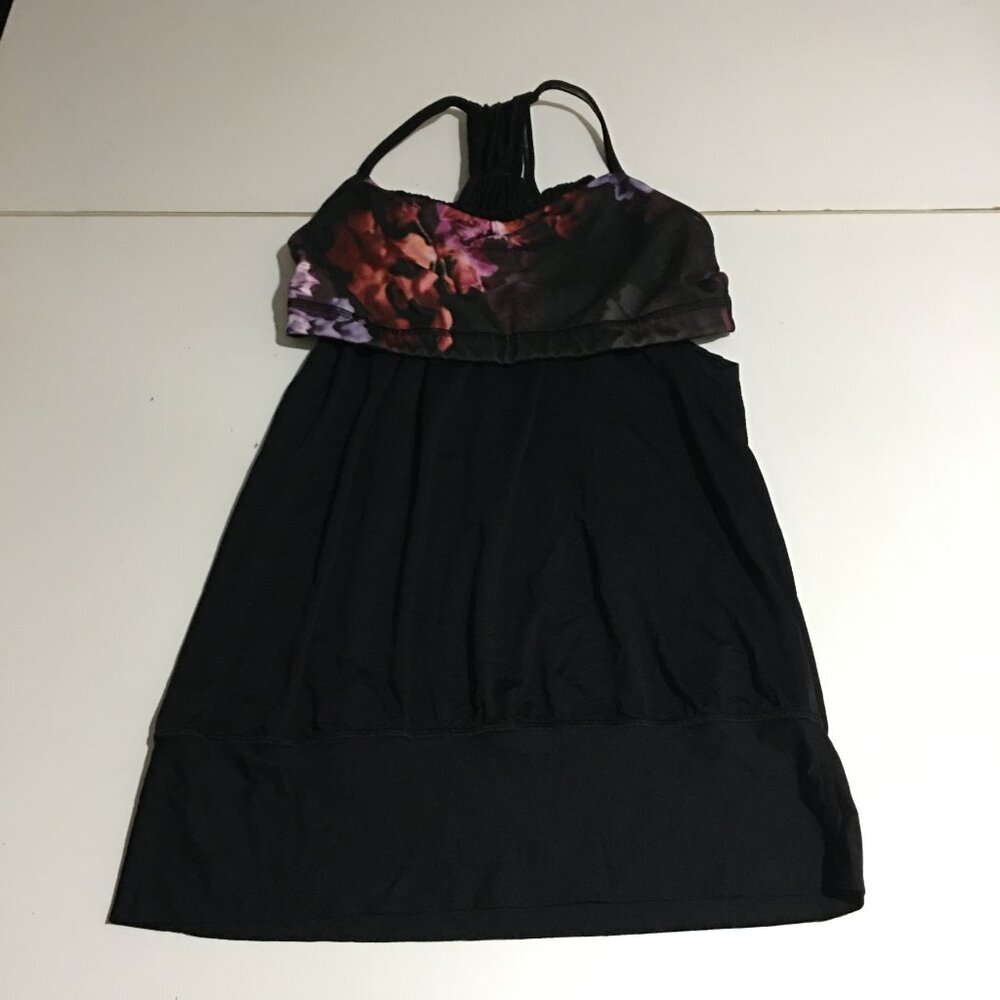 Lululemon No Limits Tank Top Black Spring Has Sprung Multi 2 In One Women's SZ 8